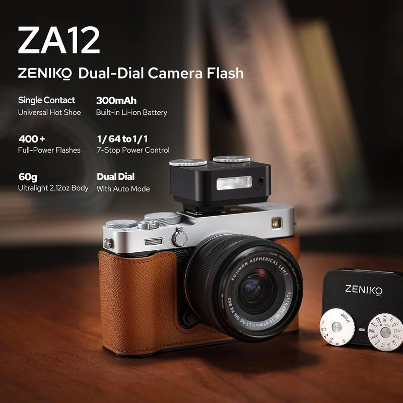 ZENIKO ZA-12B Dual Dial Retro Mini Flash - 2.5s Recycle, 7-Level Power, 400 Shots Single-Contact hotshoe Camera Flash for Fujifilm XM5/XT3, Sony A7M3, Ricoh GR3/4 Camera(Black) - Image 2